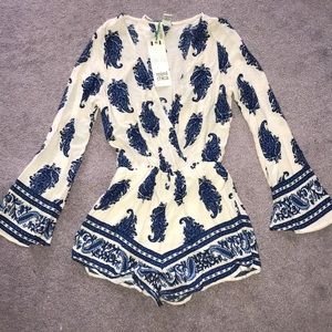 MimiChica Bell Sleeve Blue + Cream Romper